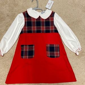 Smockingbird red jumper with blue plaid pockets size 4 nwt